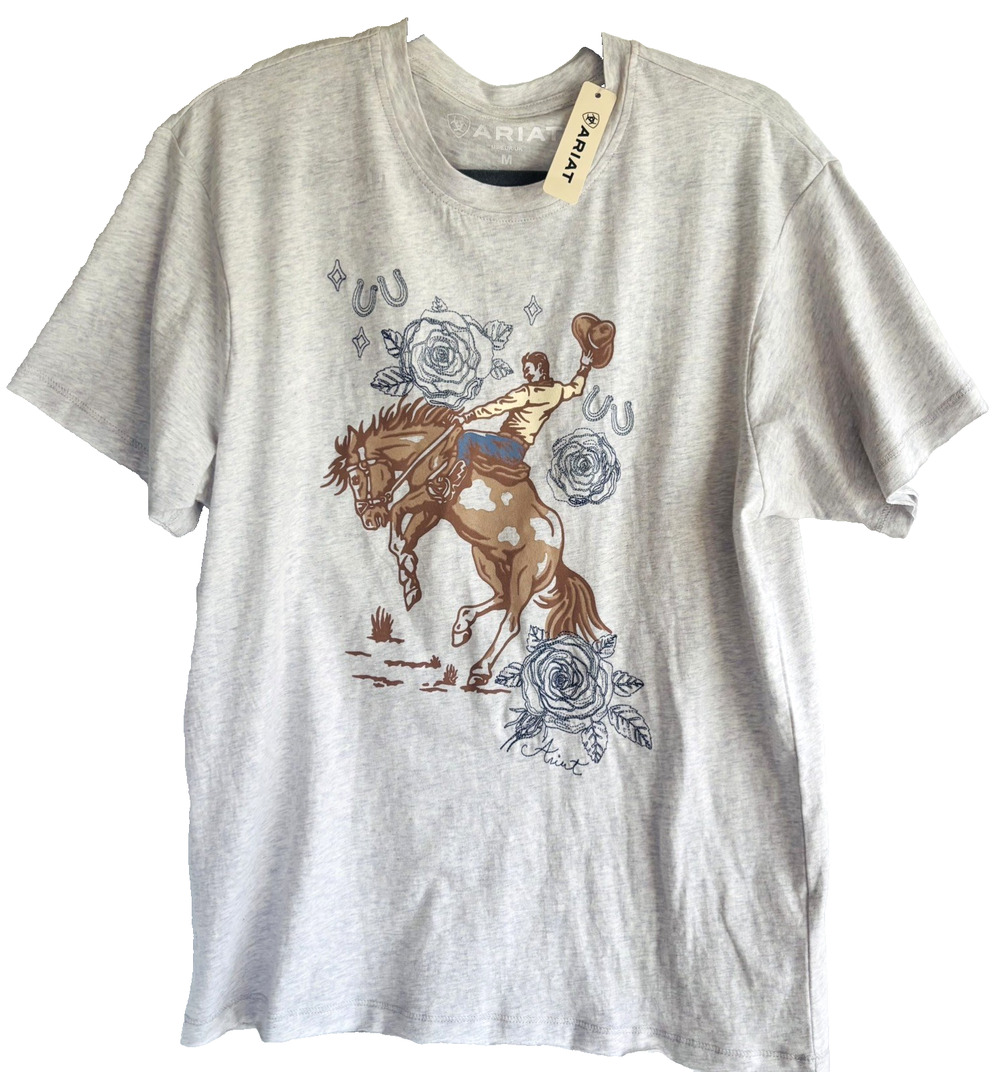 Ariat Women's Graphic T Shirt Cowboy Rose Grey Size Medium M Boyfriend fit
